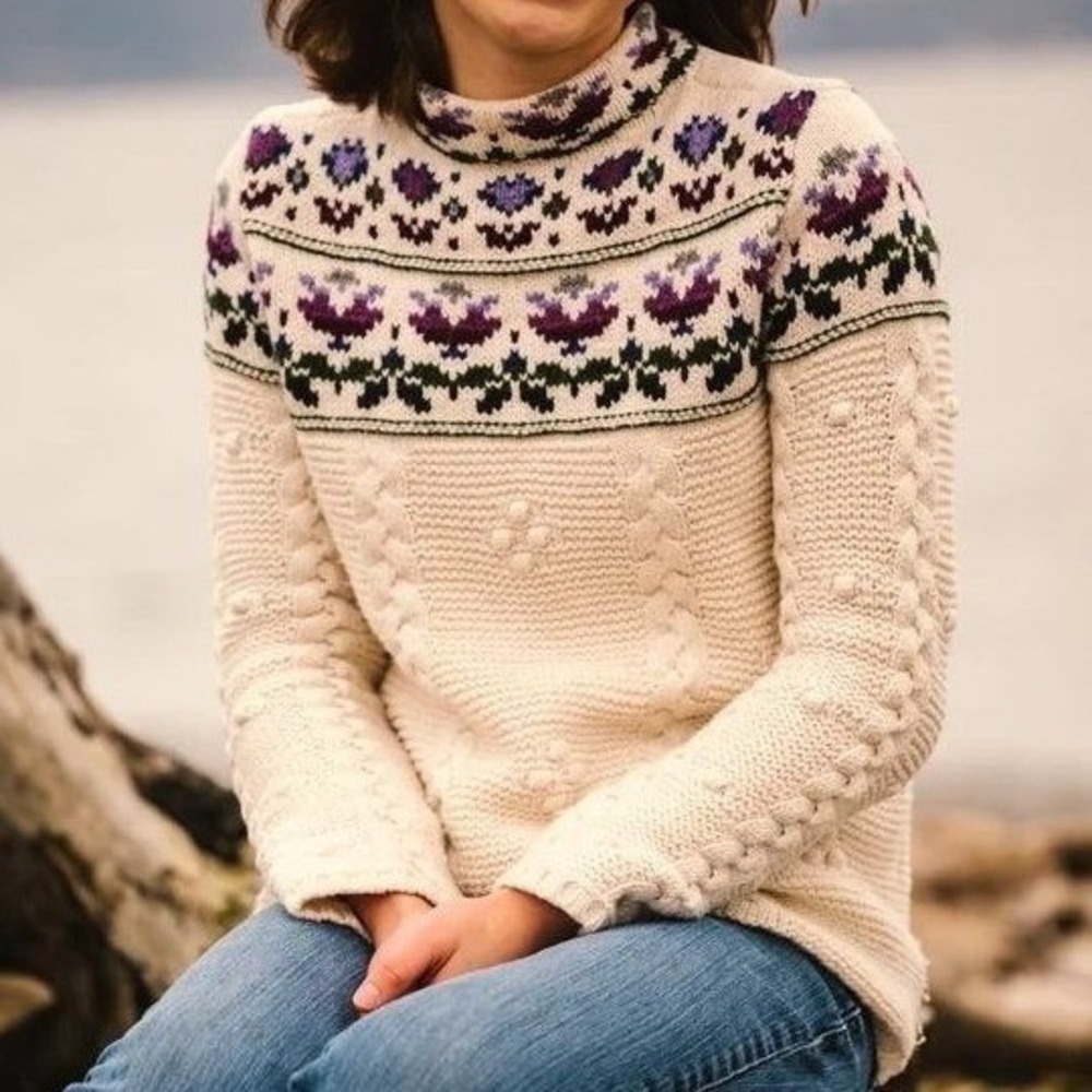 Lands' End Fair Isle Cable Knit Sweater Womens L Cream Purple Good Floral Mock‎